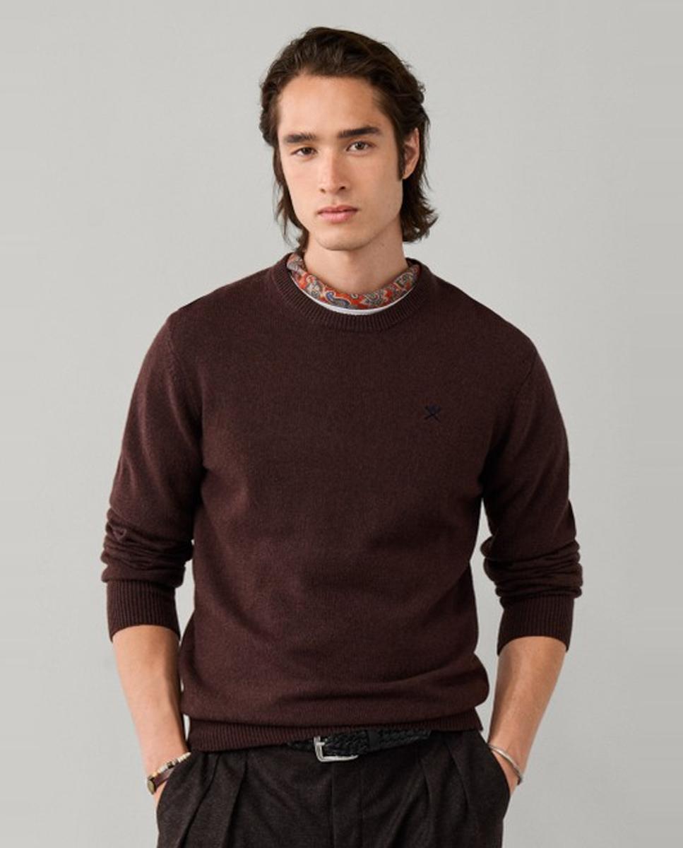 Imagen 0 de Jersey de hombre de lana con cuello redondo y logo bordado Marrón oscuro