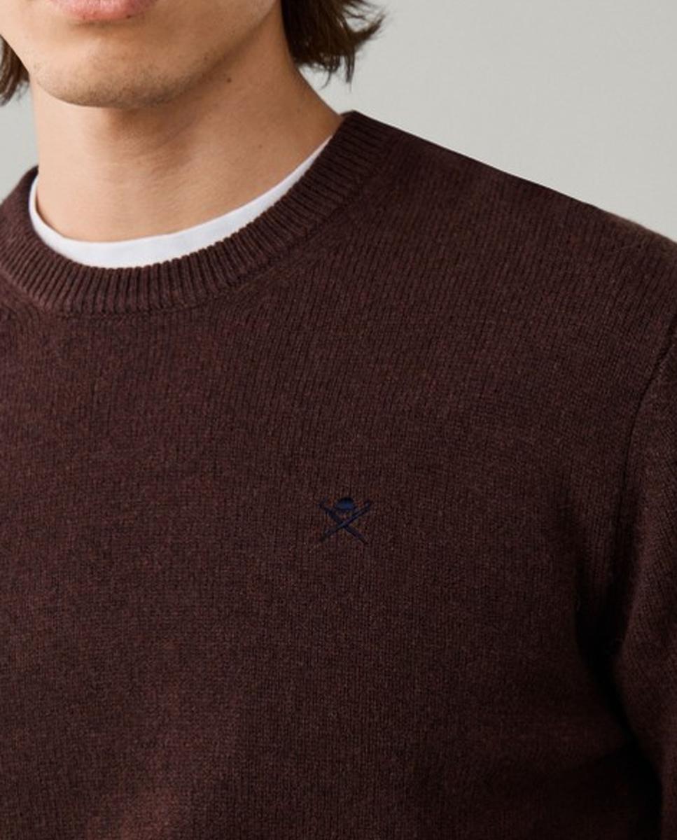 Jersey de hombre de lana con cuello redondo y logo bordado - Hackett London - Marrón oscuro Marrón oscuro-3