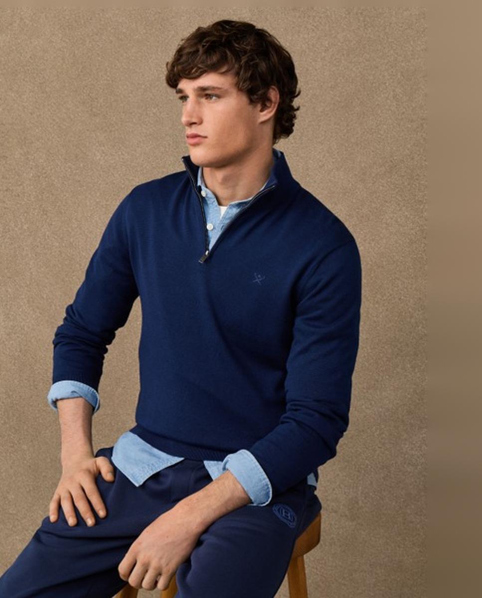 Camisola de Malha Lisa de Algodão com Meio Fecho de Correr Azul-marinho-2