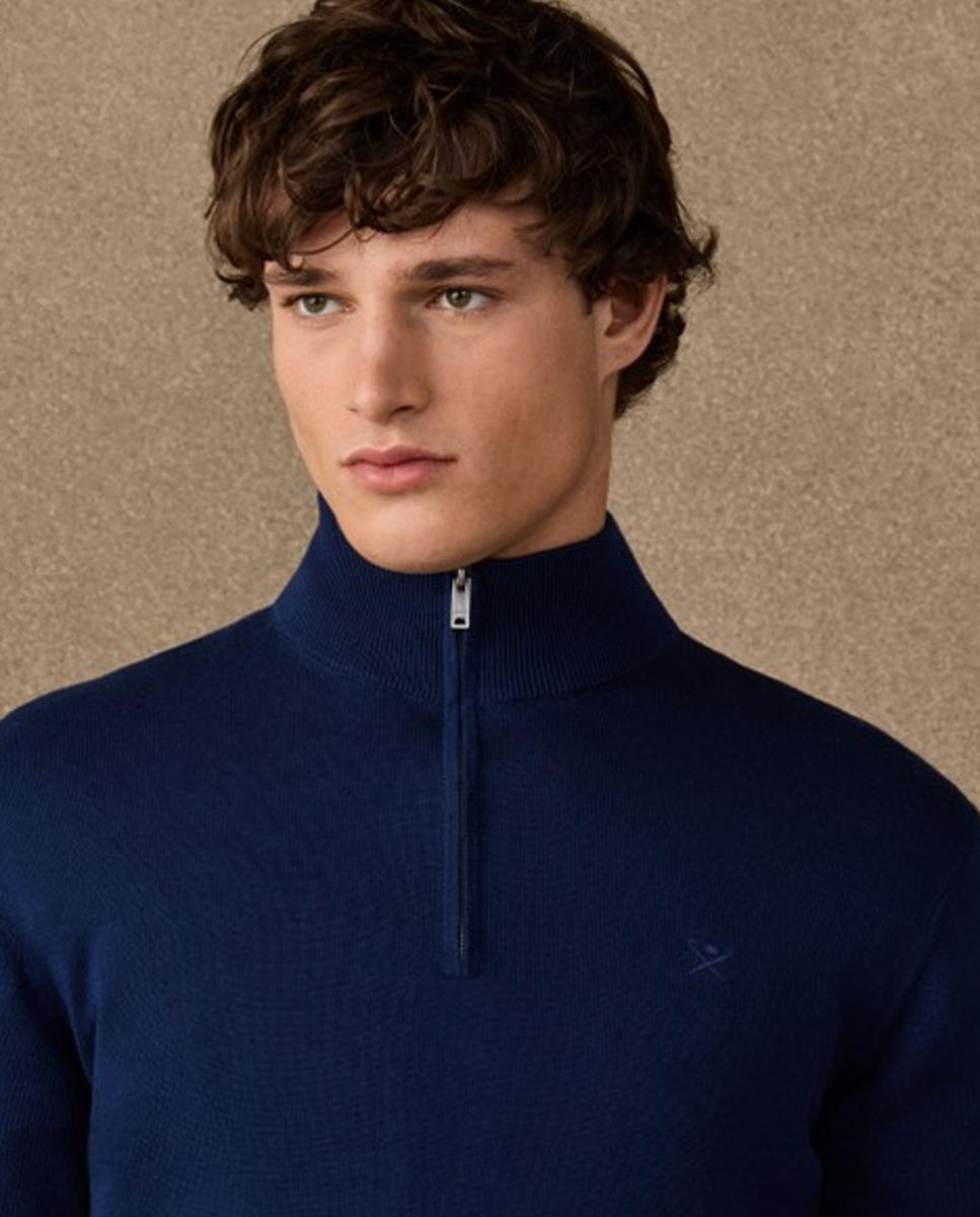 Camisola de Malha Lisa de Algodão com Meio Fecho de Correr Azul-marinho-3