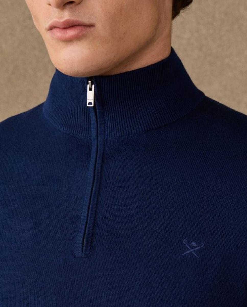 Camisola de Malha Lisa de Algodão com Meio Fecho de Correr Azul-marinho-4