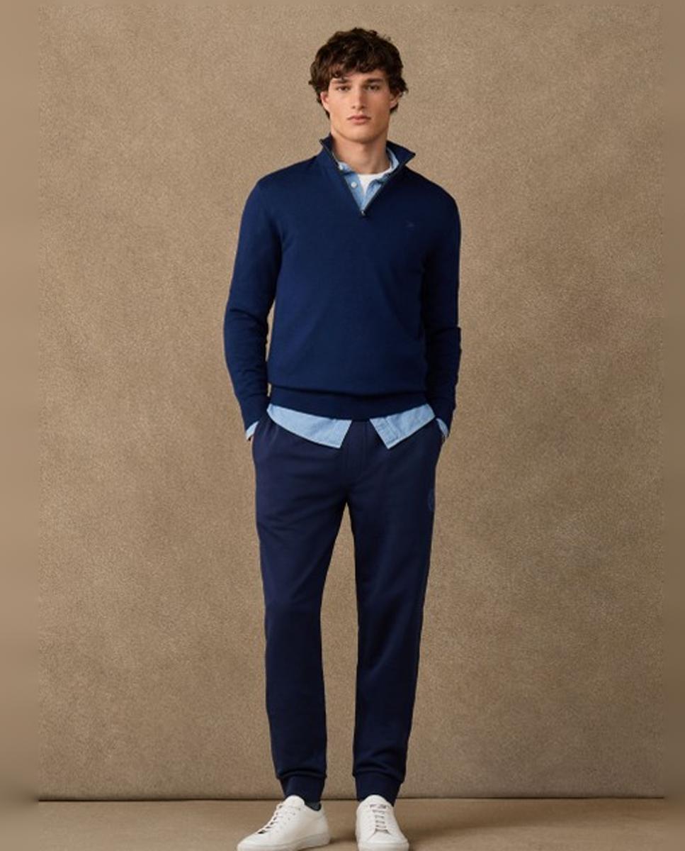 Camisola de Malha Lisa de Algodão com Meio Fecho de Correr Azul-marinho-7
