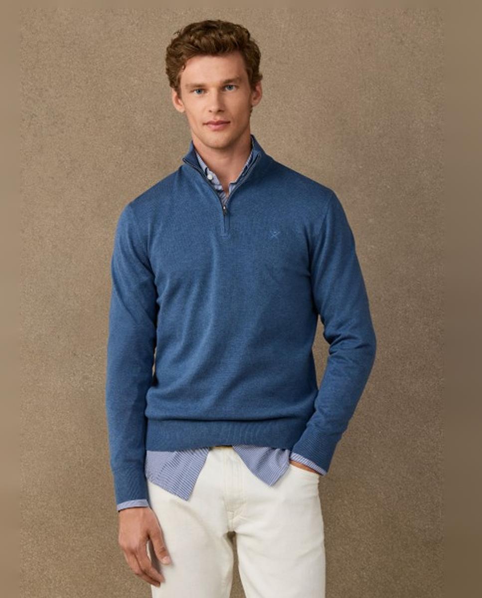 Imagen 0 de Jersey de hombre liso de algodón media cremallera Beige