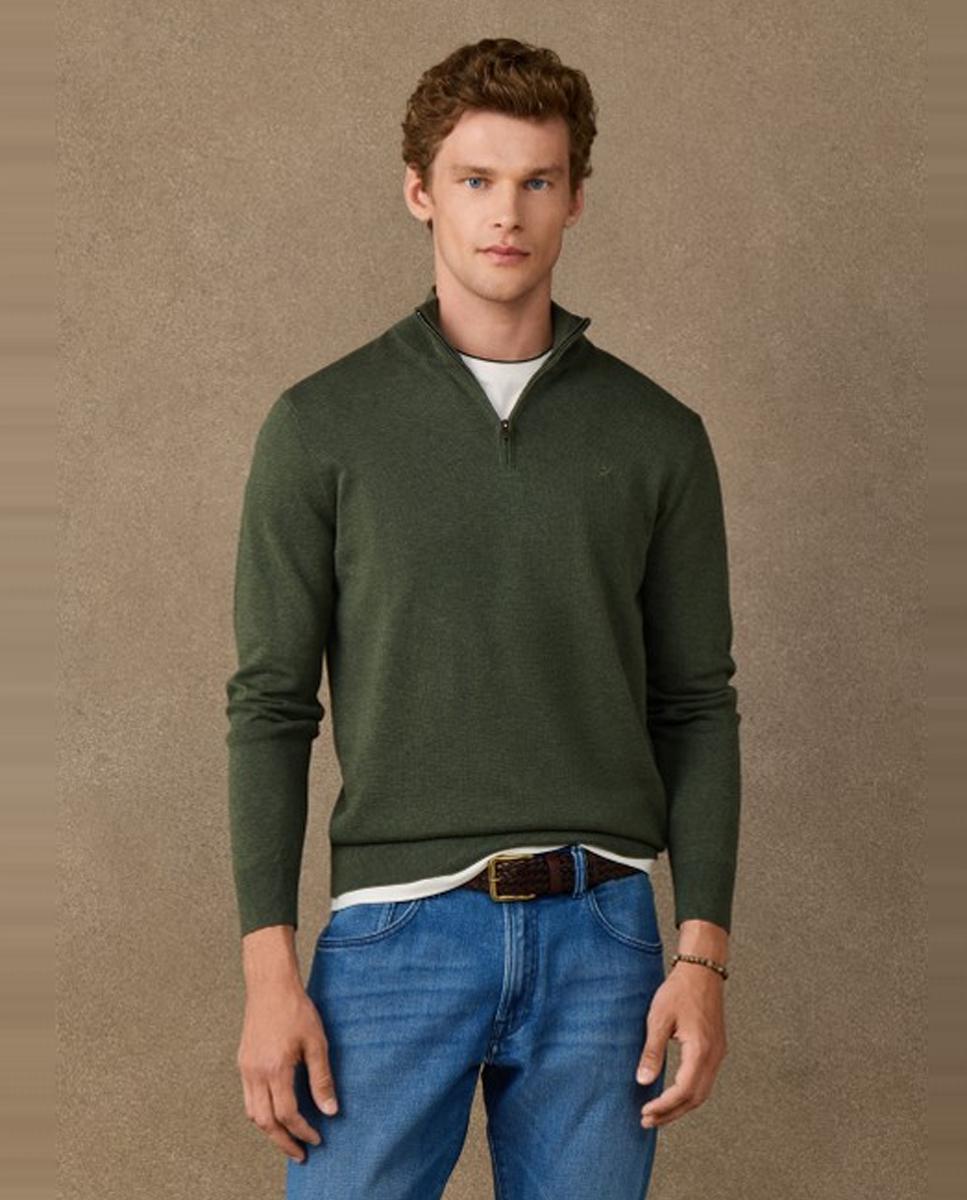 Jersey de hombre liso de algodón media cremallera - Hackett - Verde oscuro Verde oscuro-1