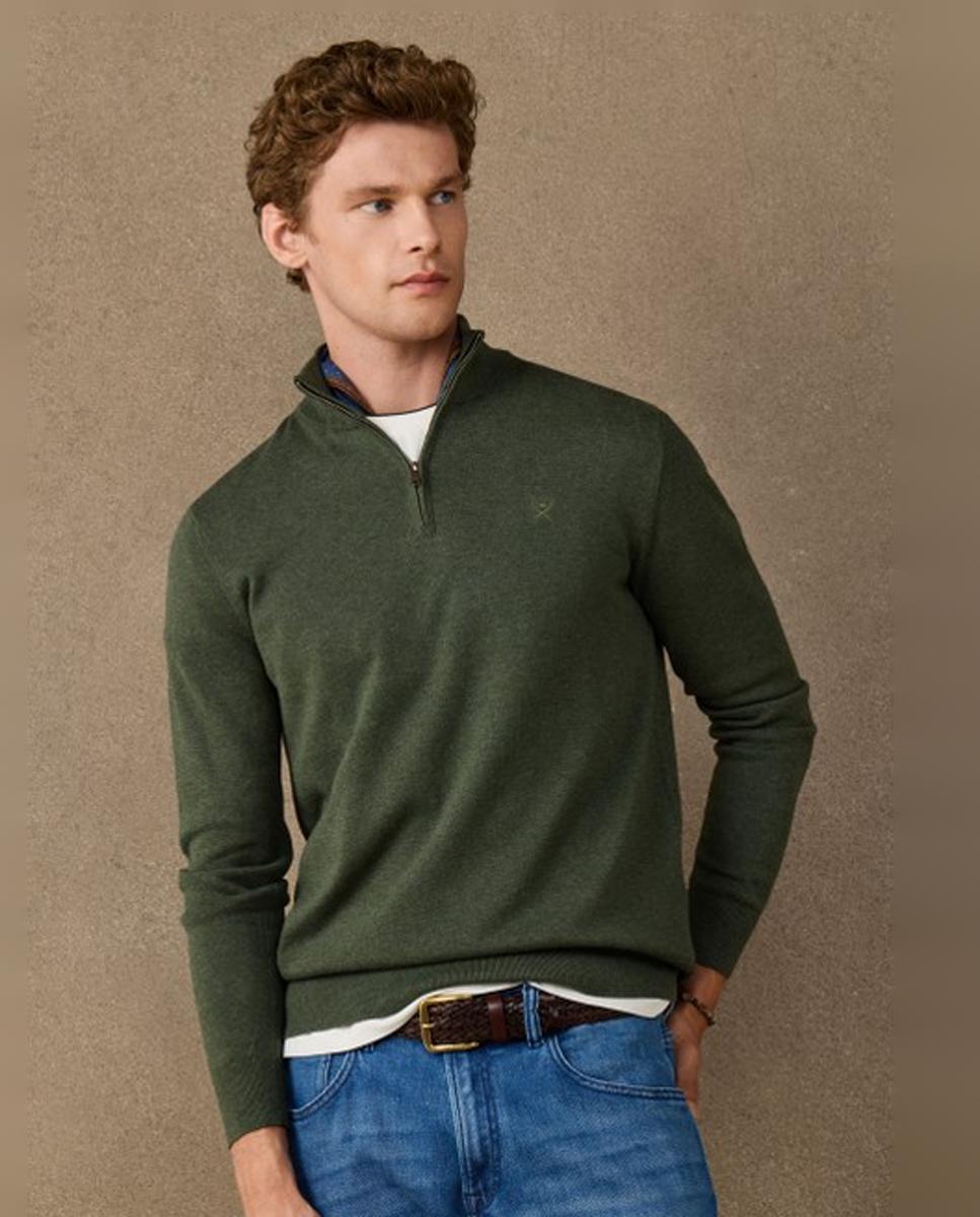 Jersey de hombre liso de algodón media cremallera - Hackett - Verde oscuro Verde oscuro-3