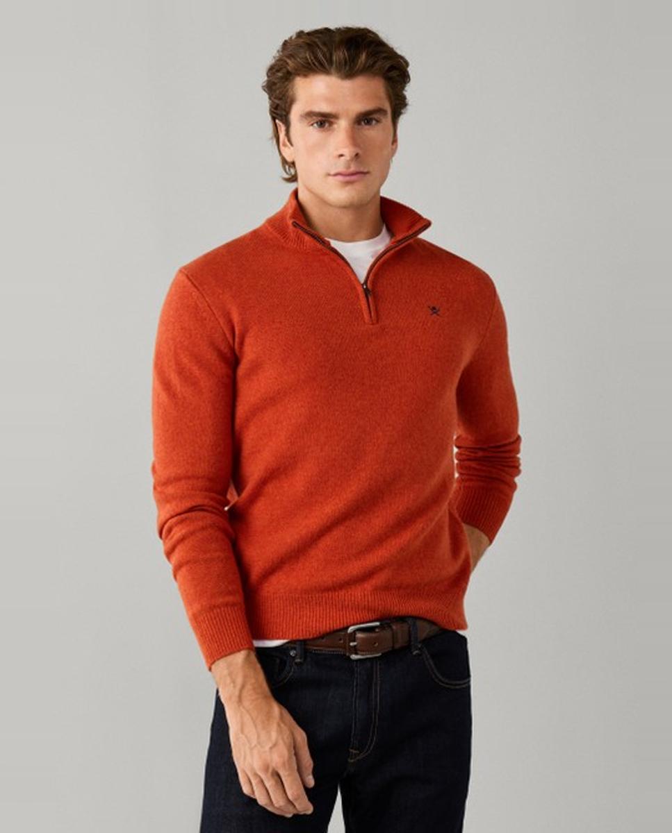 Jersey de hombre de lana con media cremallera y logo bordado - Hackett - Naranja Naranja-1