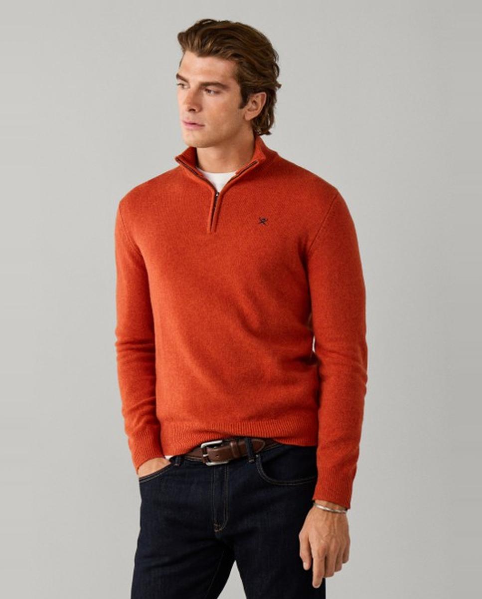 Jersey de hombre de lana con media cremallera y logo bordado - Hackett - Naranja Naranja-5