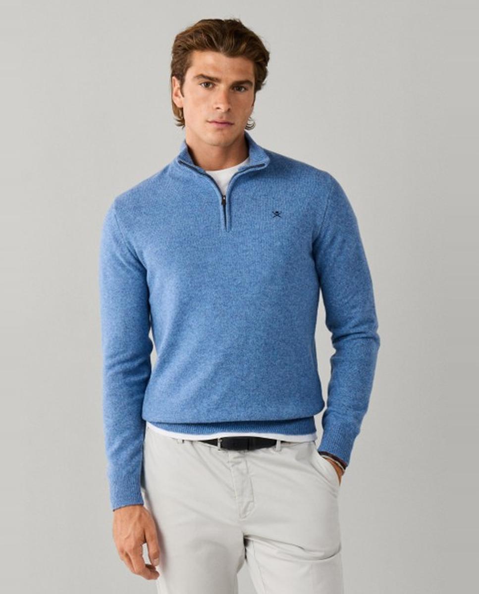 Jersey de hombre de lana con media cremallera y logo bordado - Hackett - Azul marino Azul marino-1