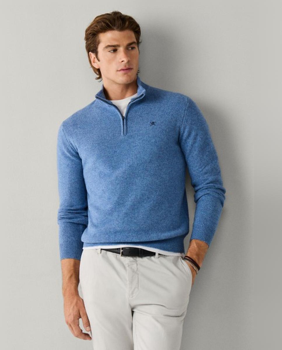Jersey de hombre de lana con media cremallera y logo bordado - Hackett - Azul marino Azul marino-3