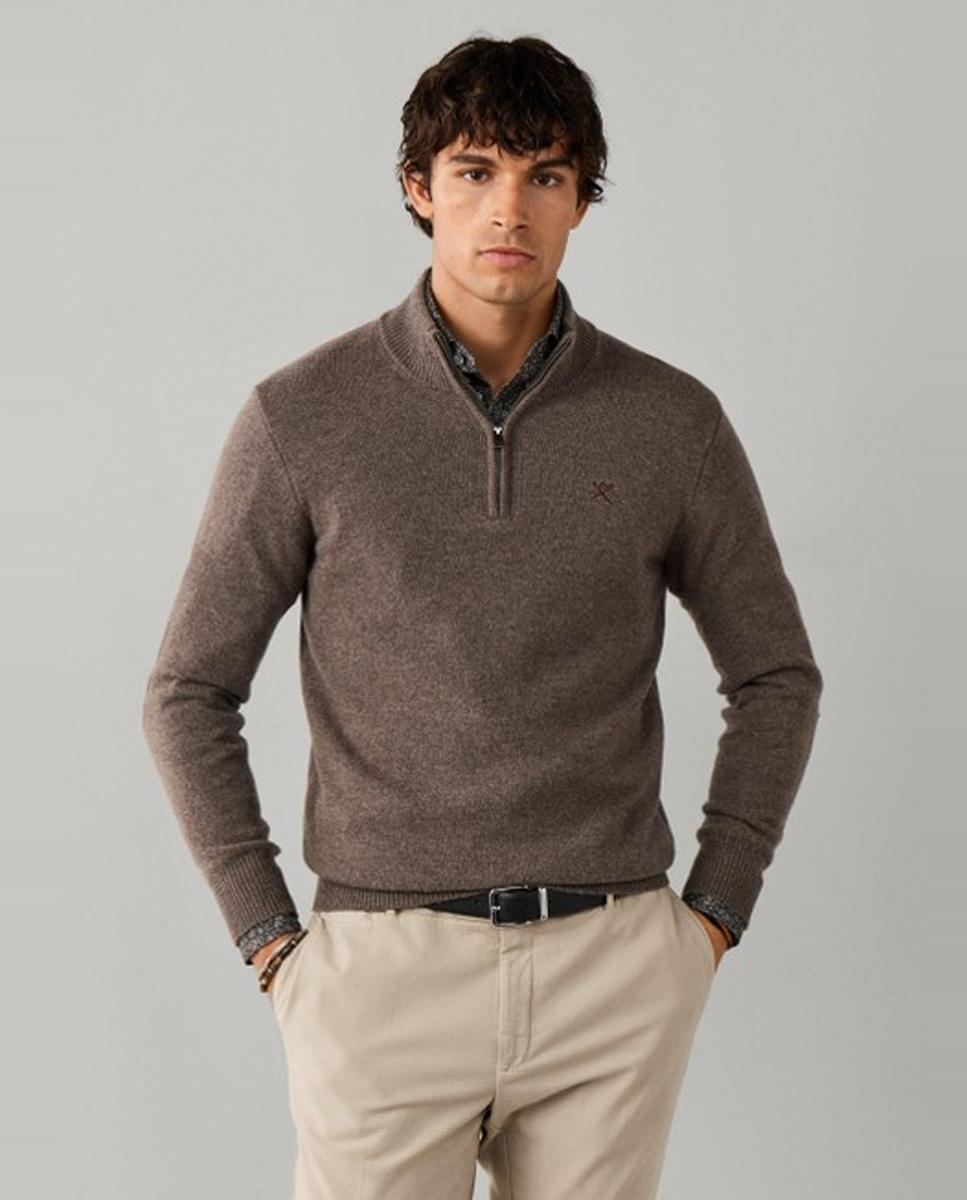 Imagen 0 de Jersey de hombre de lana con media cremallera y logo bordado Beige