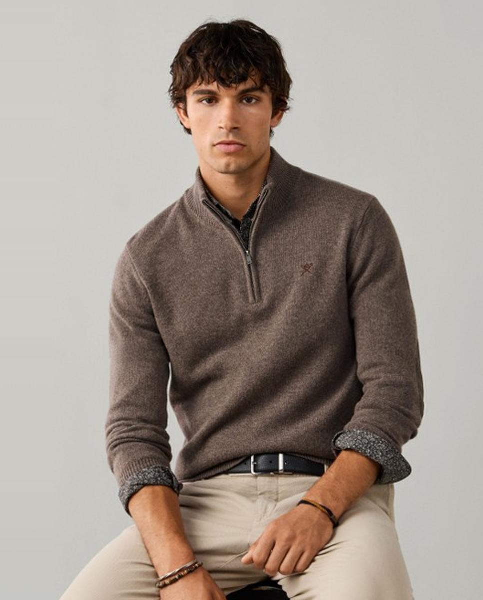 Jersey de hombre de lana con media cremallera y logo bordado - Hackett - Beige Beige-3