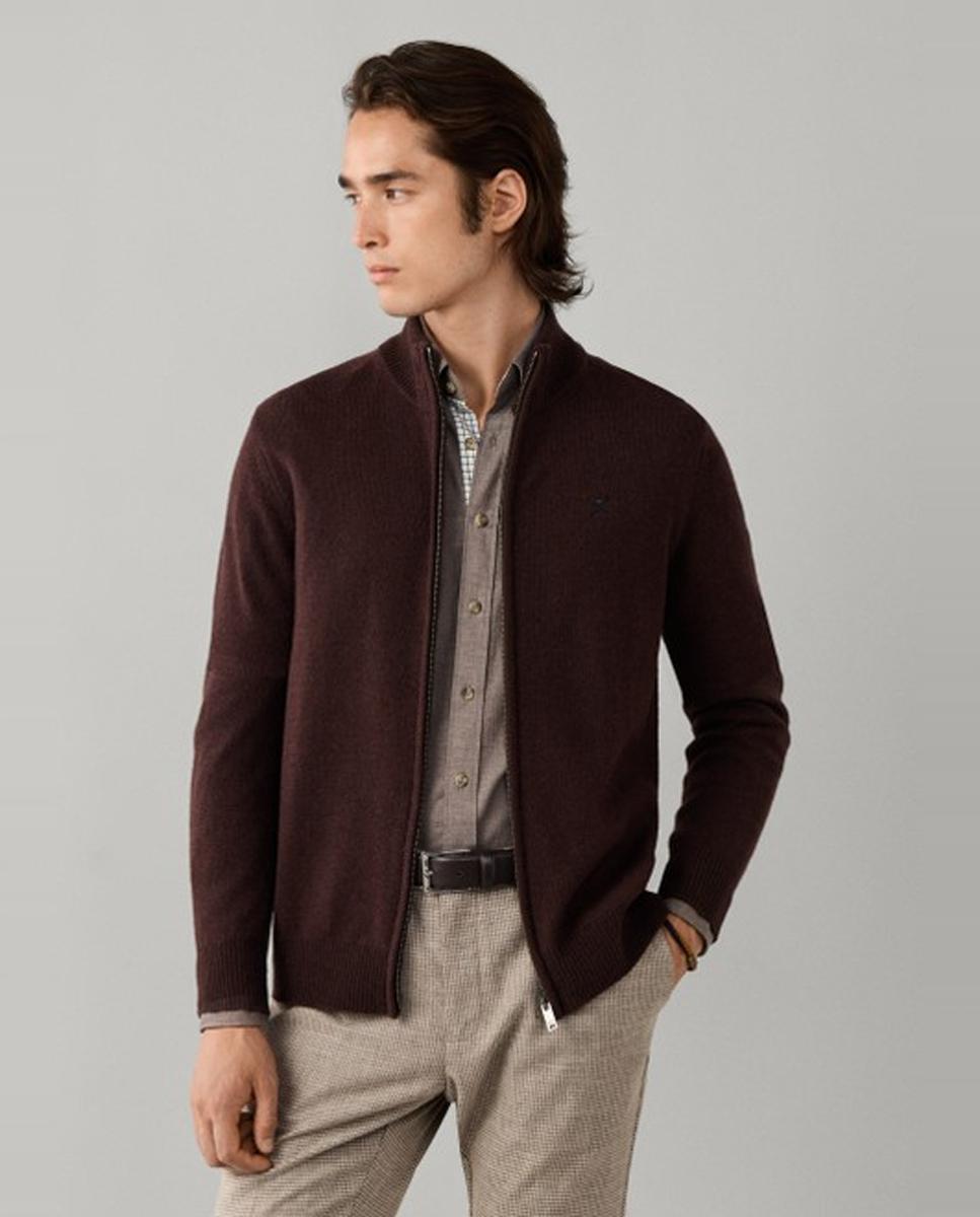 Cárdigan de hombre de lana con cremallera y logo bordado - Hackett London - Marrón oscuro Marrón oscuro-1