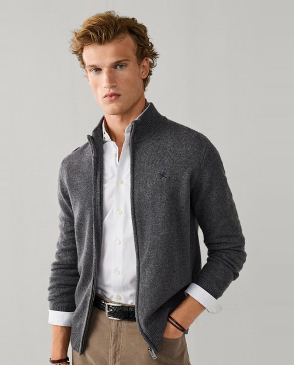 Cárdigan de hombre de lana con cremallera y logo bordado - Hackett London - Gris oscuro Gris oscuro-3
