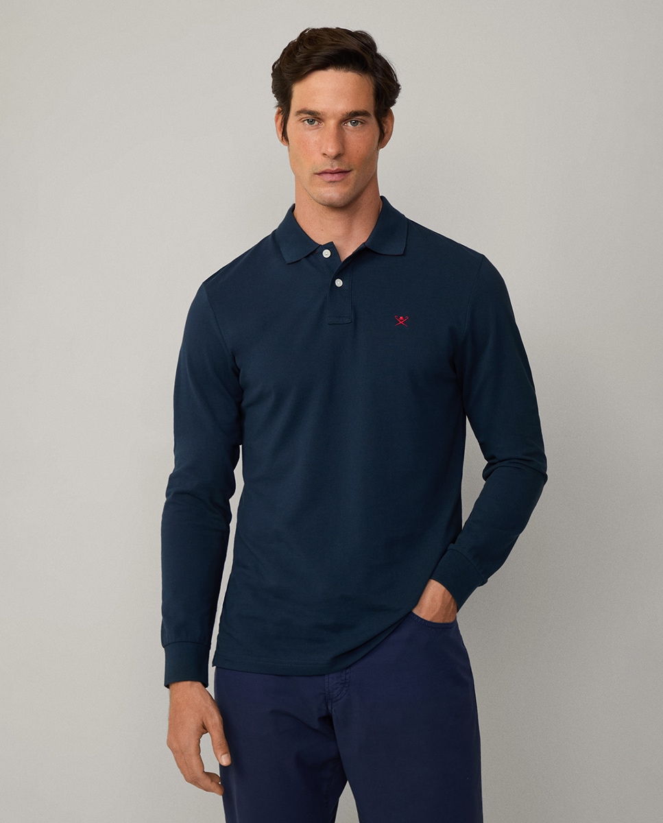 Polo de Manga Comprida Classic Fit com Logótipo Bordado. Azul-marinho-1