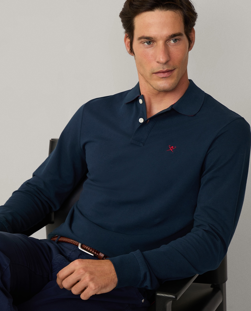 Polo de Manga Comprida Classic Fit com Logótipo Bordado. Azul-marinho-3