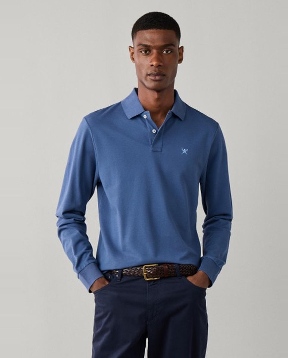 Polo de piqué de hombre de manga larga y logo bordado - Hackett London - Azul Azul-1