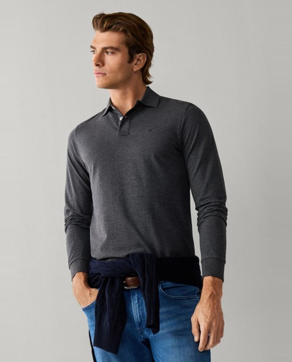 Polo de piqué de hombre de manga larga y logo bordado - Hackett London - Gris oscuro Gris oscuro-3