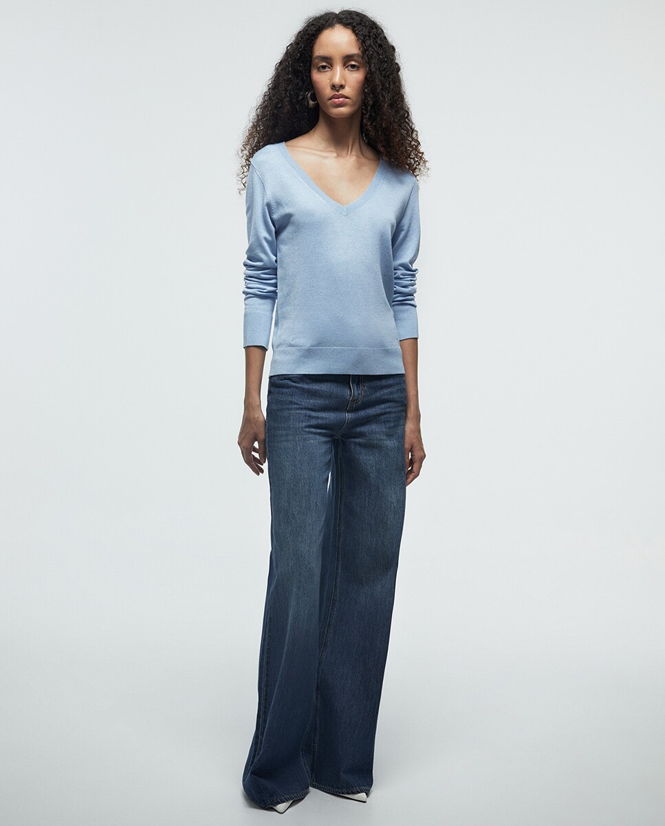 Camisola de malha básica com decote em bico Azul-claro-2