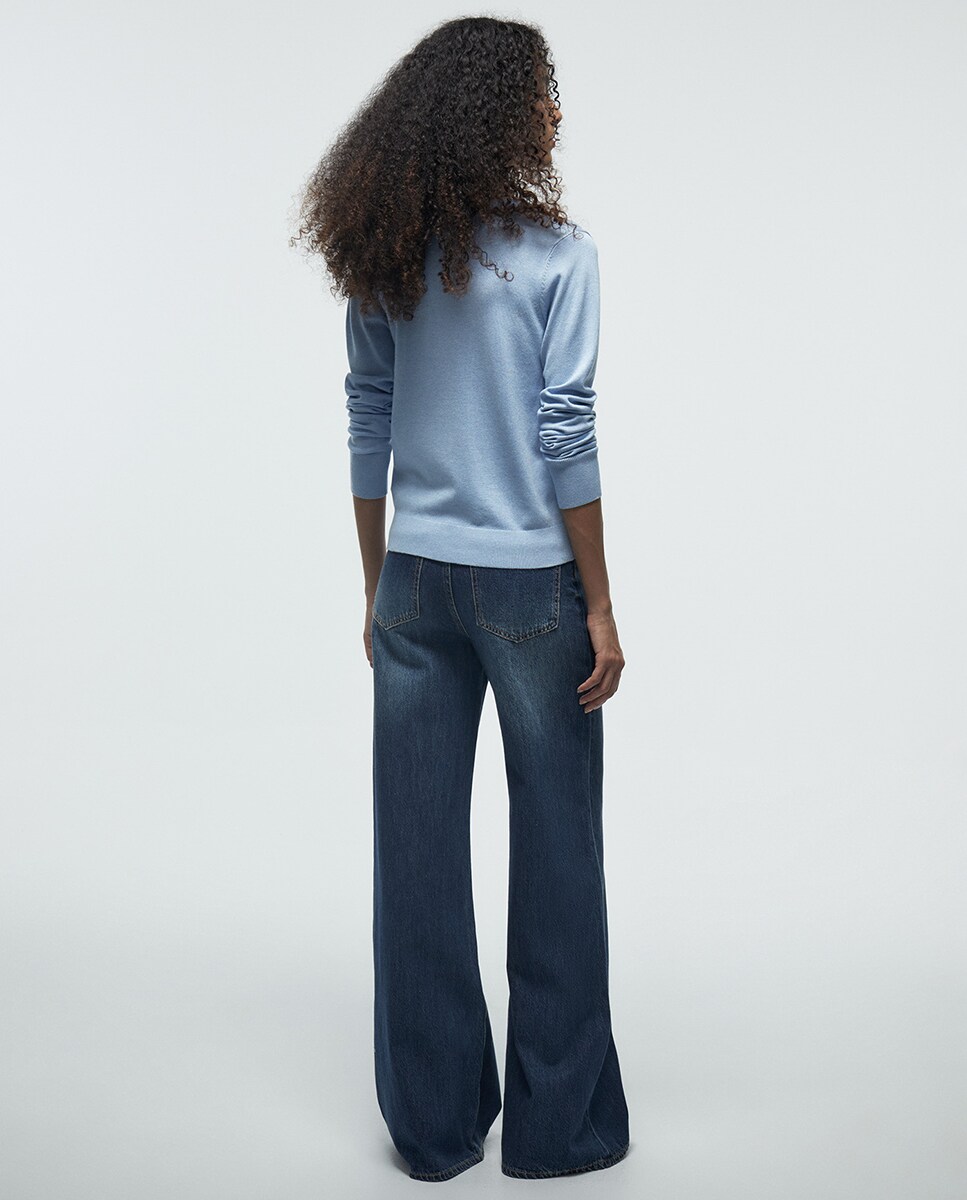 Camisola de malha básica com decote em bico Azul-claro-3