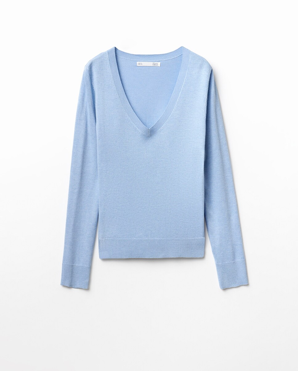 Camisola de malha básica com decote em bico Azul-claro-4