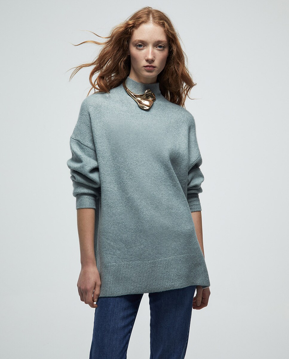 Camisola de Malha Soft com Meia Gola Verde-claro-1