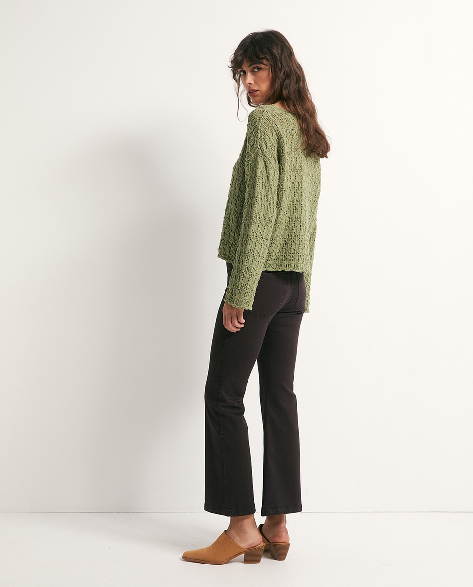 Camisola de Malha com Manga em Forma de Sino Verde-4