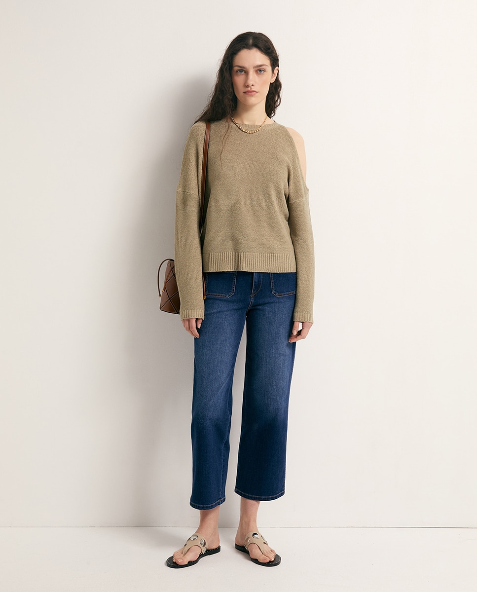 Camisola de malha cut out Caqui-2