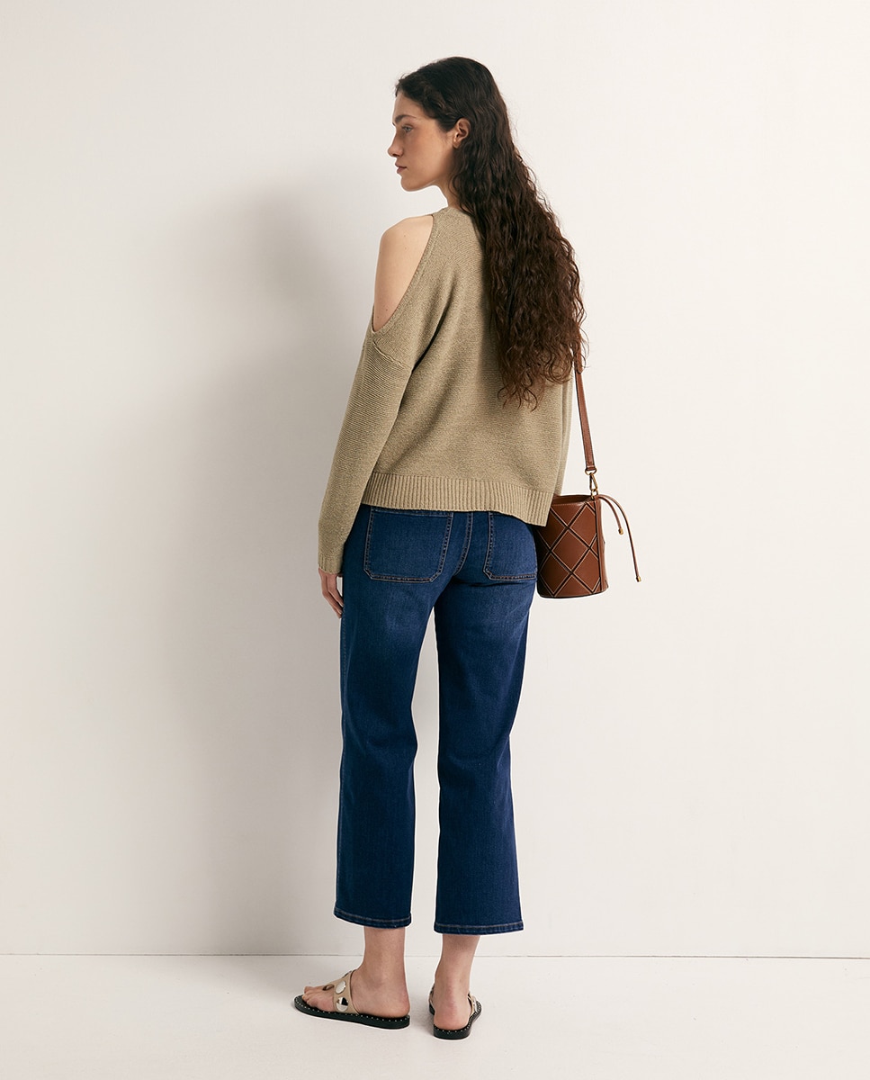 Camisola de malha cut out Caqui-4