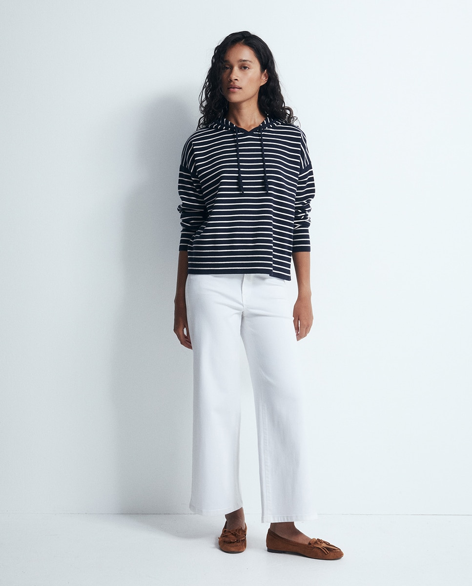 Camisola de Malha às Riscas com Capuz Azul-marinho-2