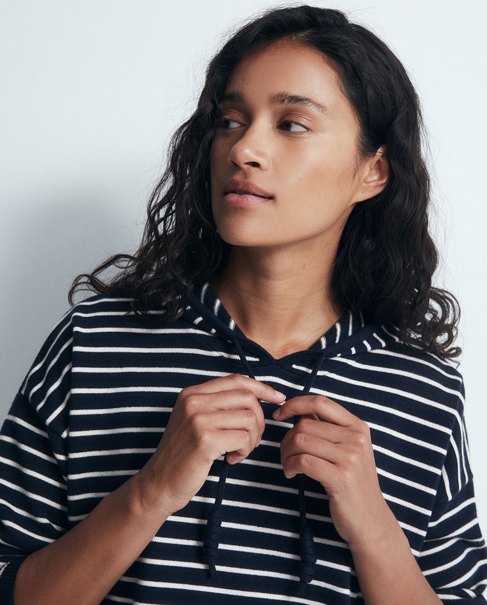 Camisola de Malha às Riscas com Capuz Azul-marinho-3
