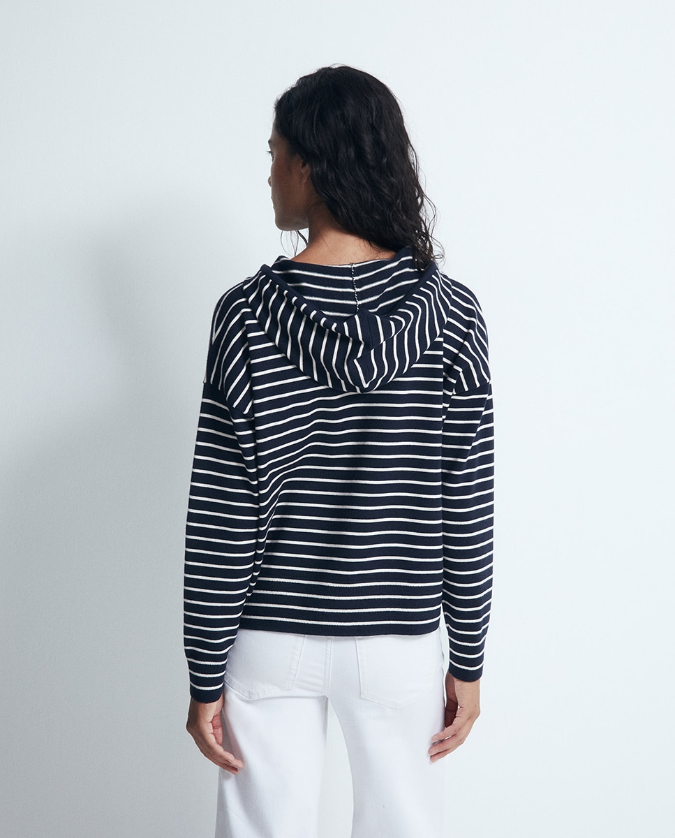 Camisola de Malha às Riscas com Capuz Azul-marinho-4