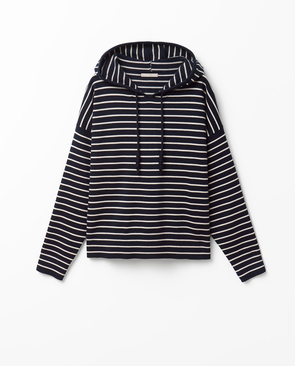 Camisola de Malha às Riscas com Capuz Azul-marinho-5