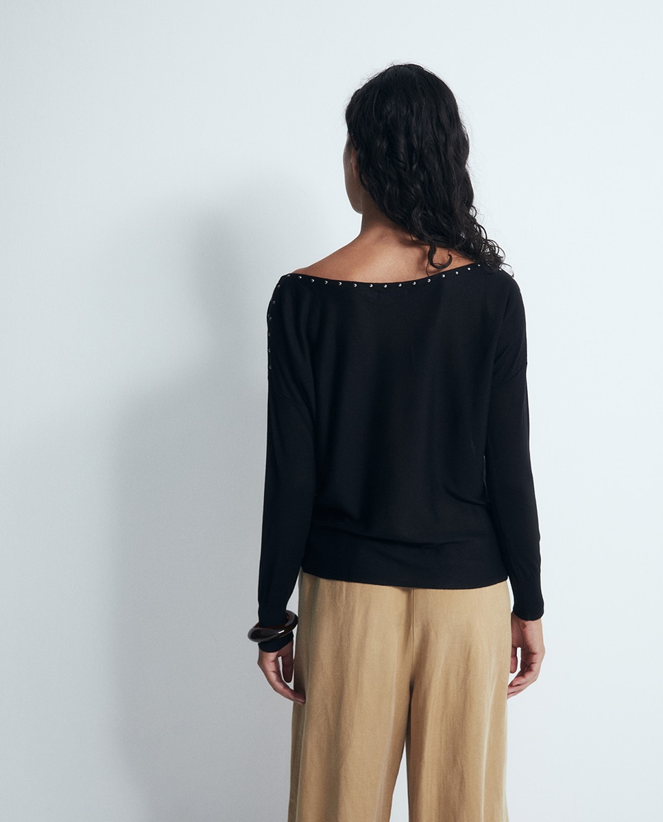 Camisola de Malha Assimétrica com Tachas Preto-4