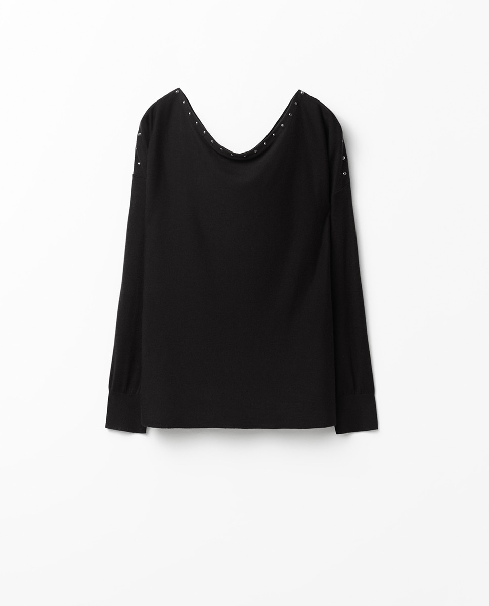 Camisola de Malha Assimétrica com Tachas Preto-5