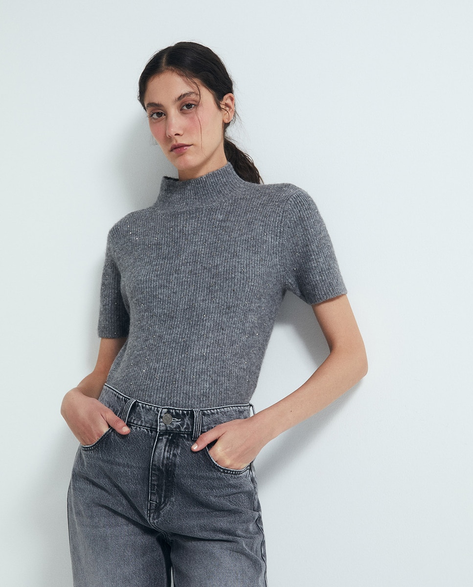 Imagem 0 de Camisola de Malha Canelada com Strass