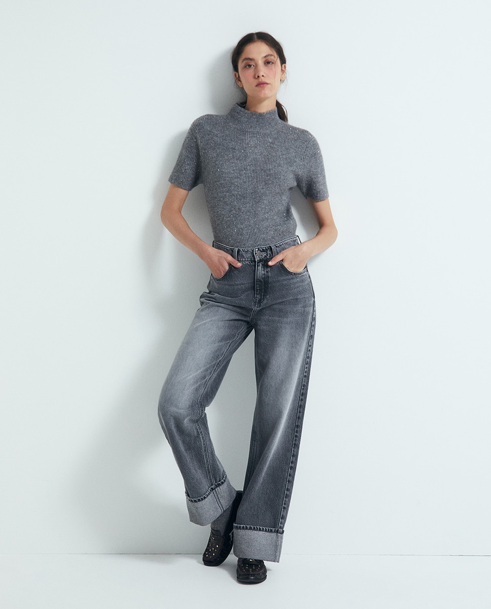 Camisola de Malha Canelada com Strass 820 Cinzento Médio-3