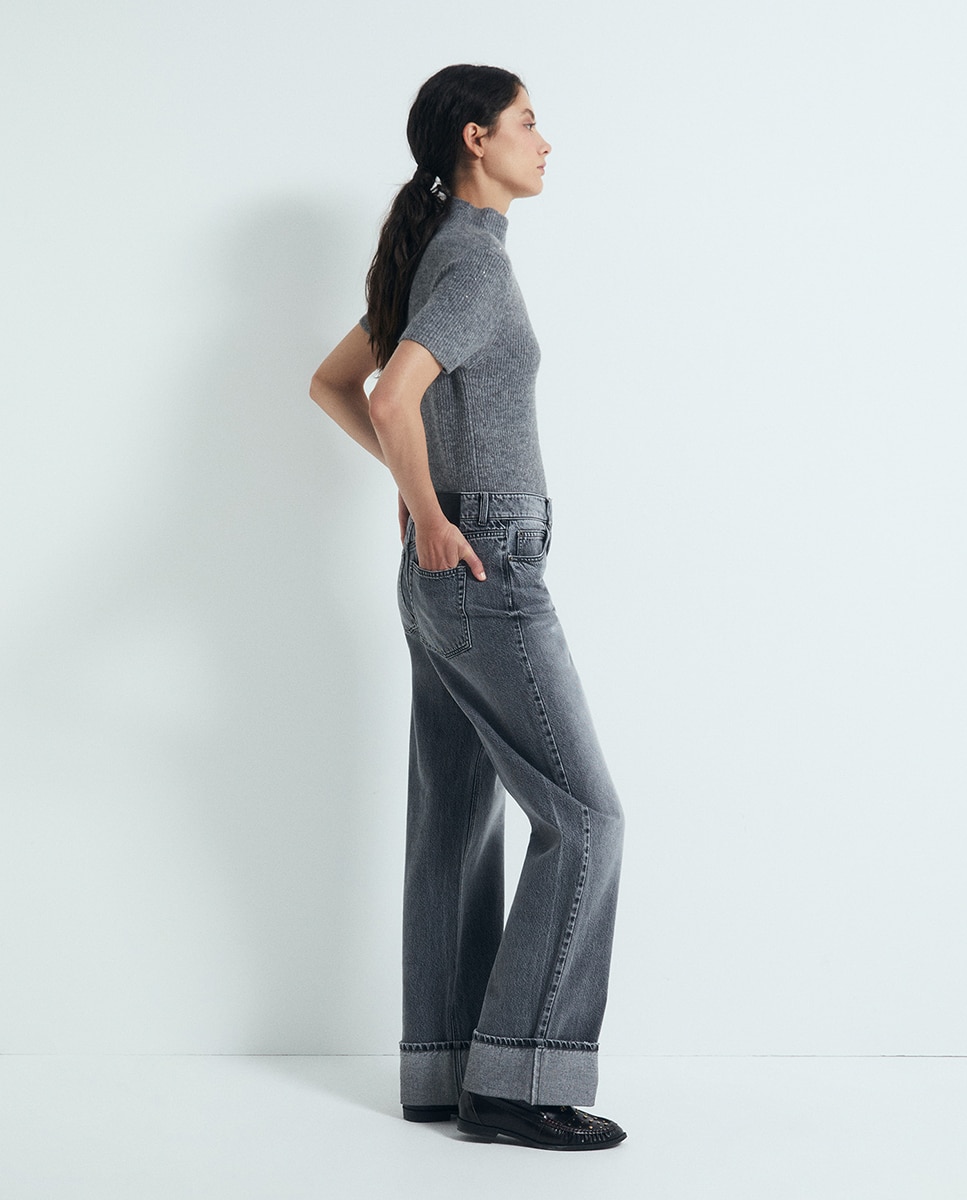 Camisola de Malha Canelada com Strass 820 Cinzento Médio-4