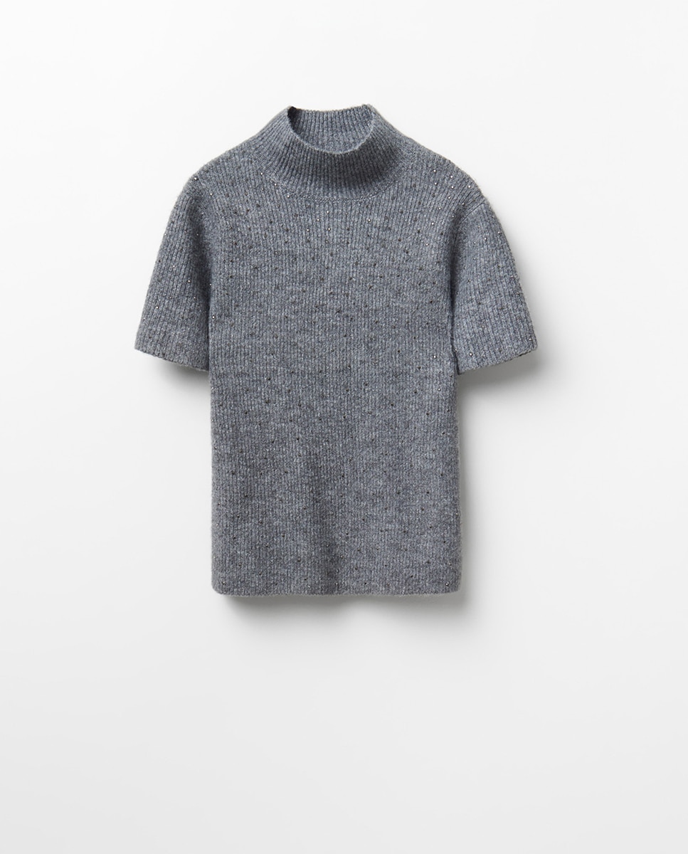 Camisola de Malha Canelada com Strass 820 Cinzento Médio-5