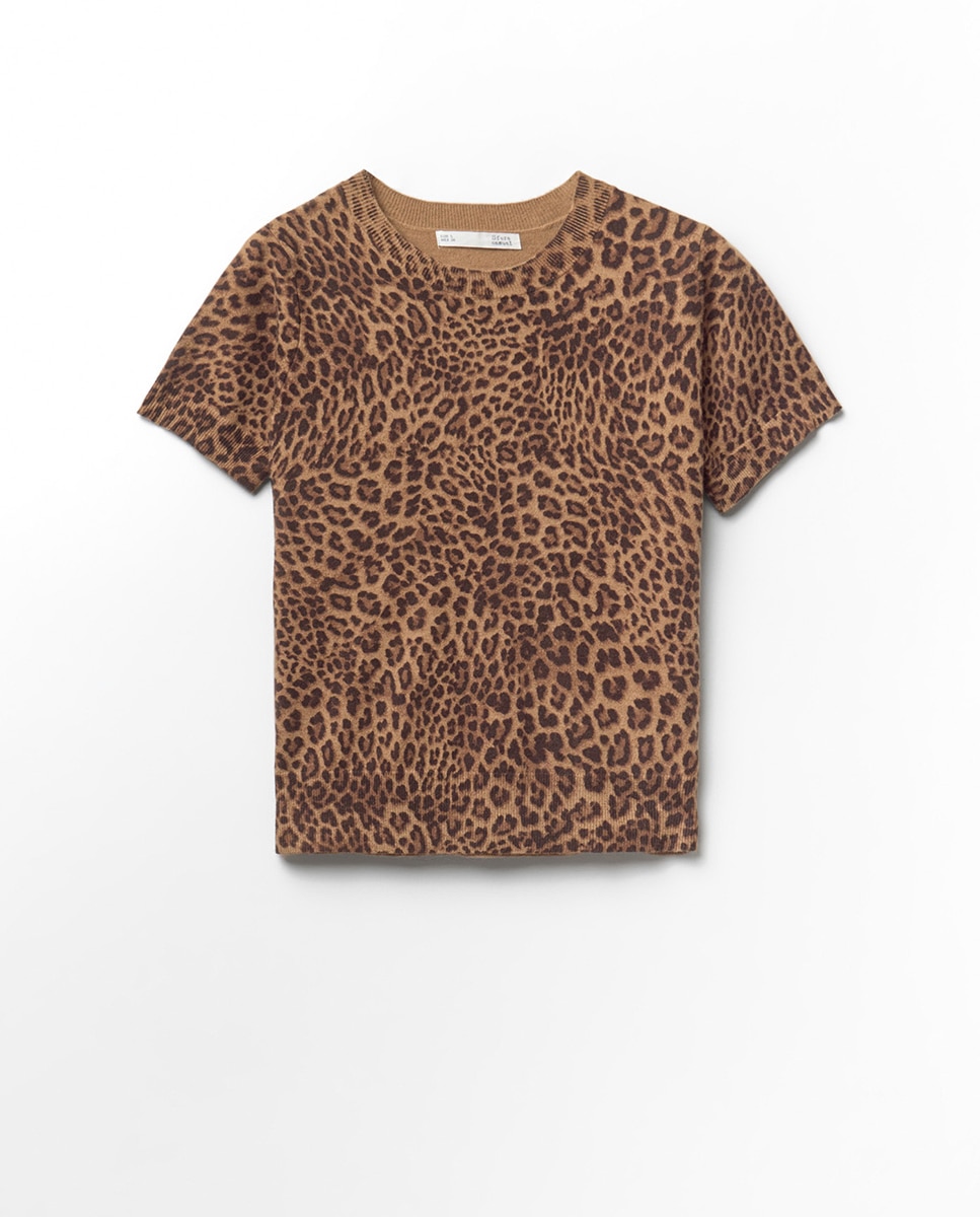 Camisola de Malha com Animal Print Camel-6