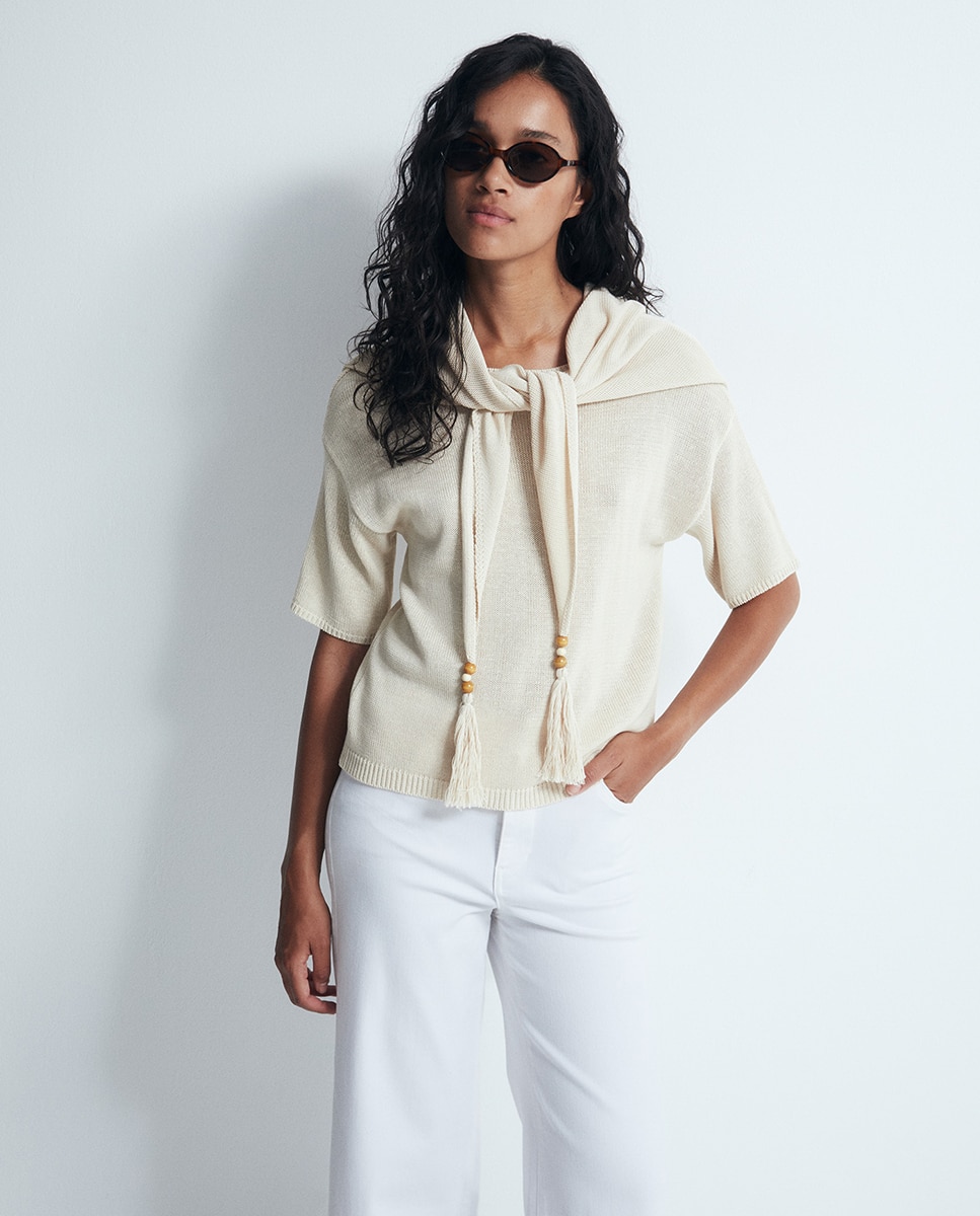 Camisola de Malha com Lenço Trimming Bege-1