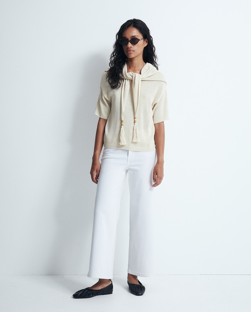 Camisola de Malha com Lenço Trimming Bege-2