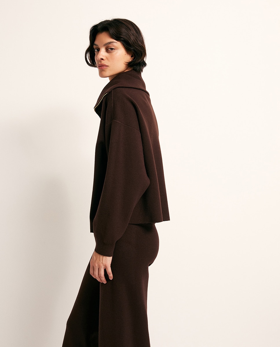 Camisola de Malha de Conjunto com Fecho de Correr Castanho-4
