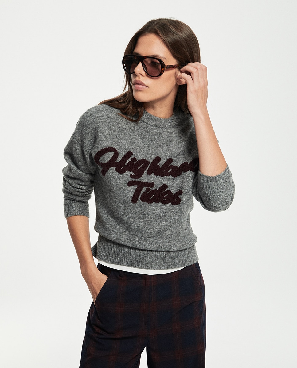 Camisola de Malha com Bordado de Texto 820 Cinzento Médio-2