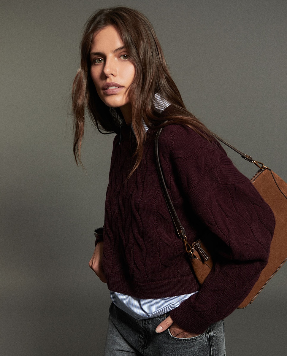 Camisola de Malha Entrançada Combinada Bordeaux-2