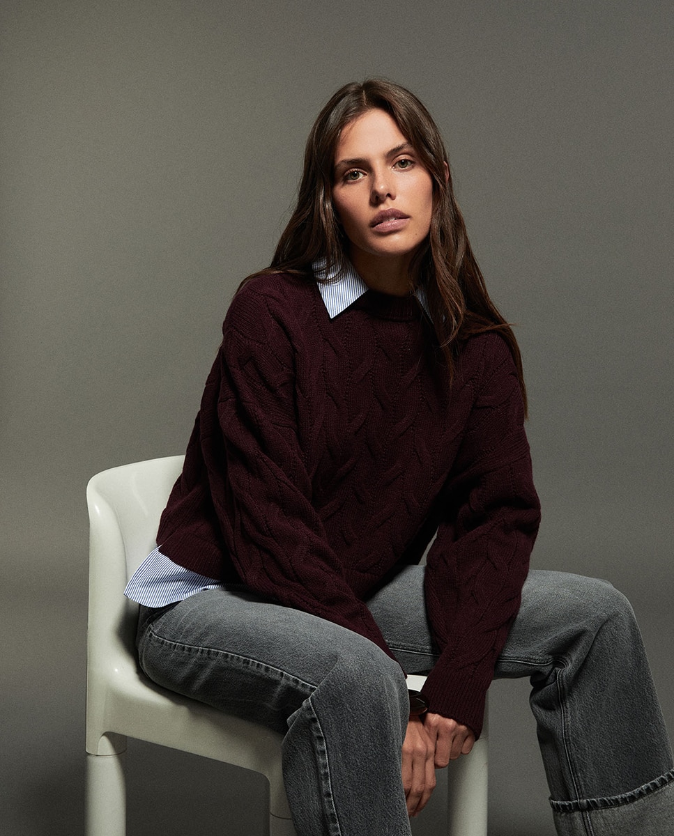 Camisola de Malha Entrançada Combinada Bordeaux-6
