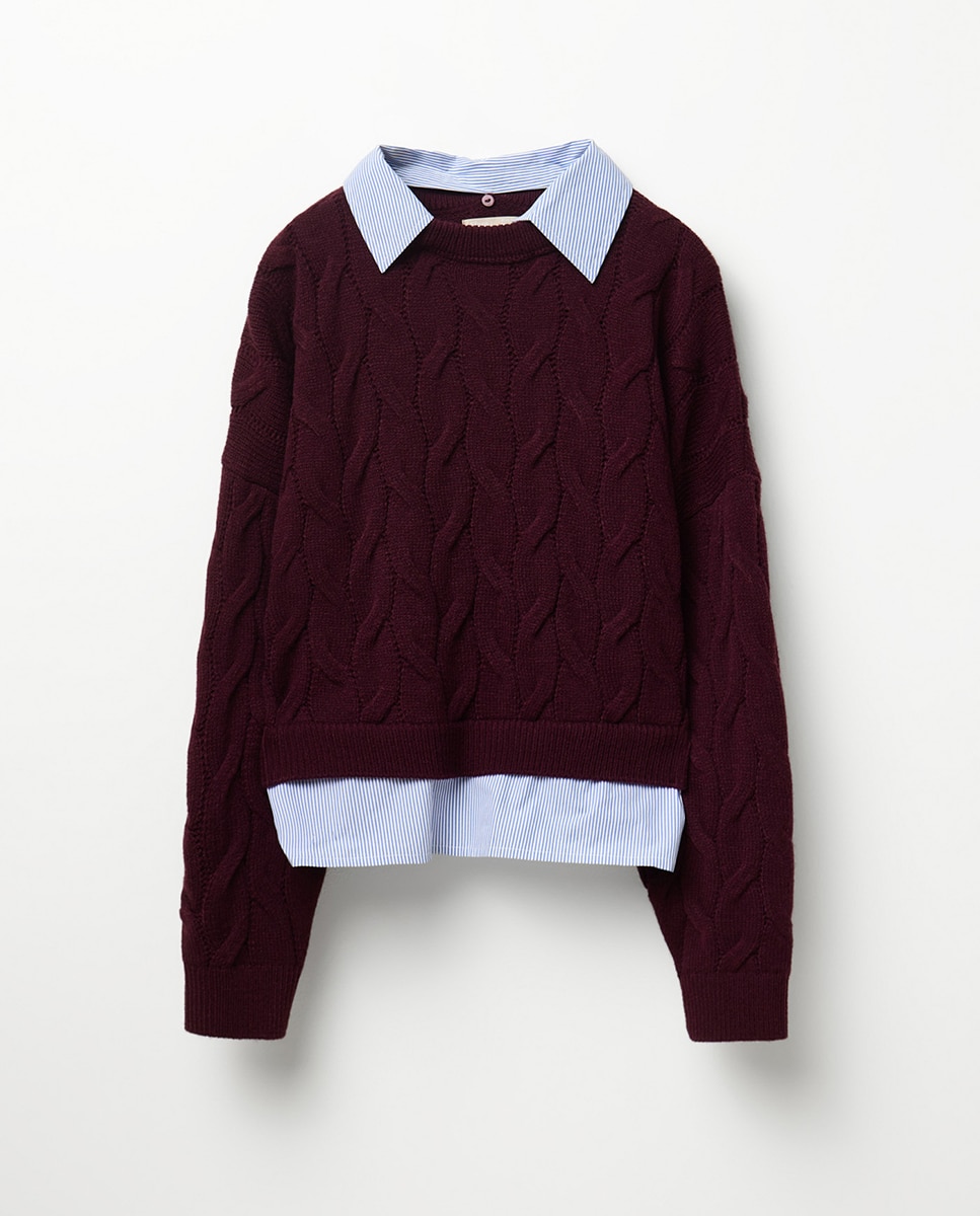 Camisola de Malha Entrançada Combinada Bordeaux-7