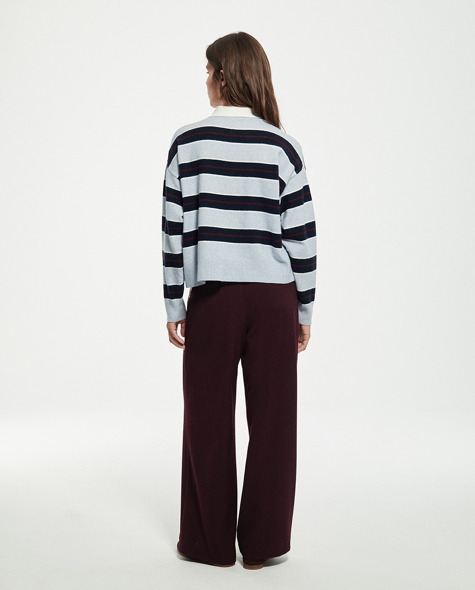 Camisola de Malha às Riscas com Colarinho de Polo 410 Azul Claro-4