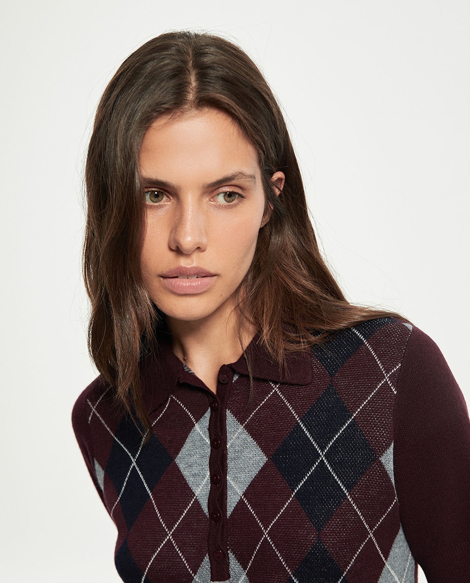 Camisola de Malha aos Losangos com Colarinho de Polo Bordeaux-2