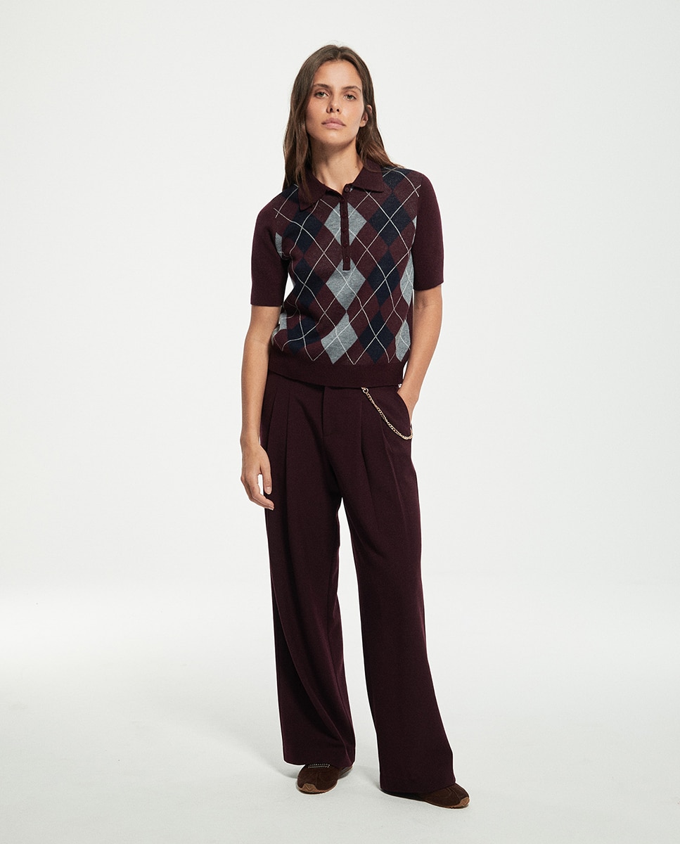 Camisola de Malha aos Losangos com Colarinho de Polo Bordeaux-3