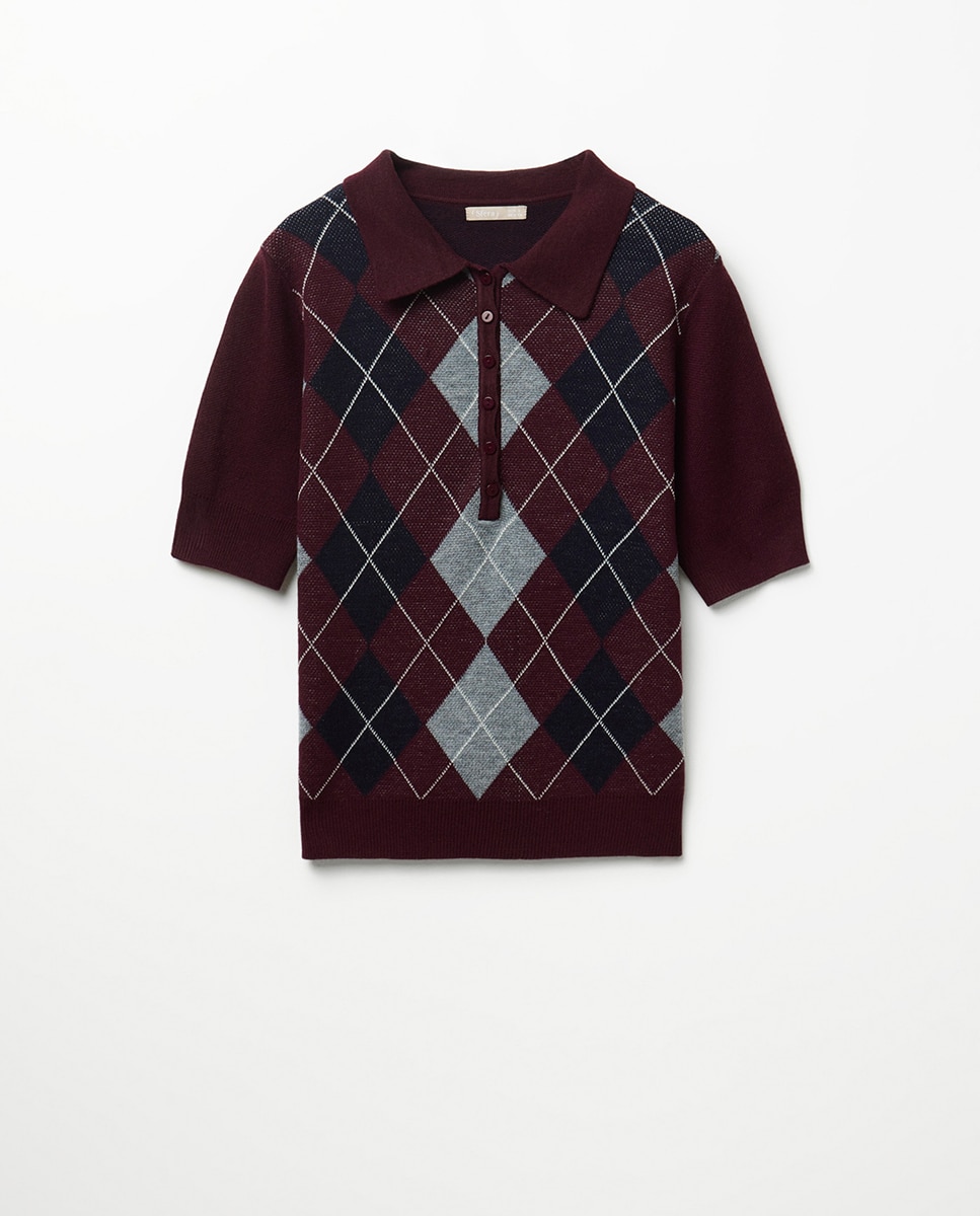 Camisola de Malha aos Losangos com Colarinho de Polo Bordeaux-5